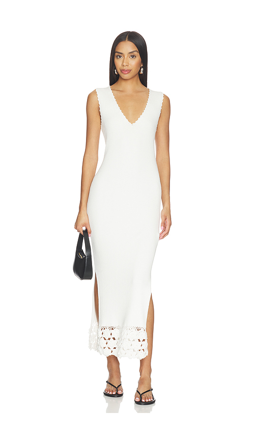 Ganni Fine Cotton Rib Crochet V-neck Dress in White. XS. Also in