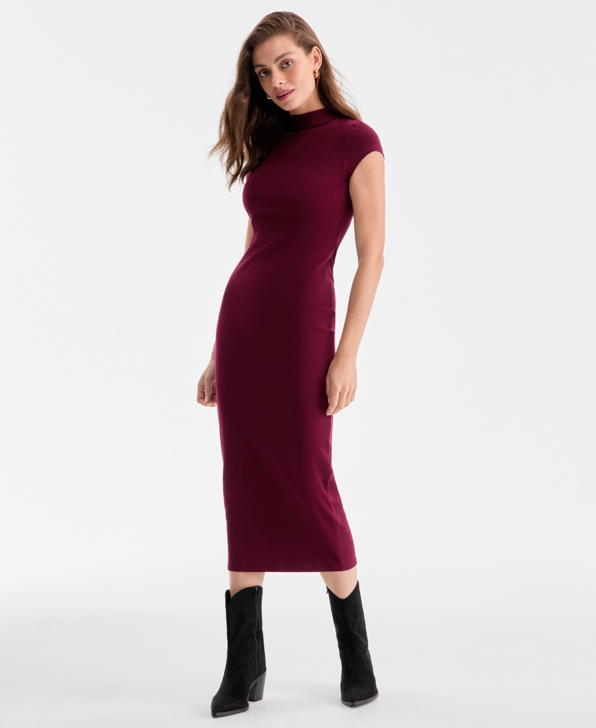 Women's Cap-Sleeve Mock-Neck Midi Dress, Exclusively at Macy's - Dried Berry