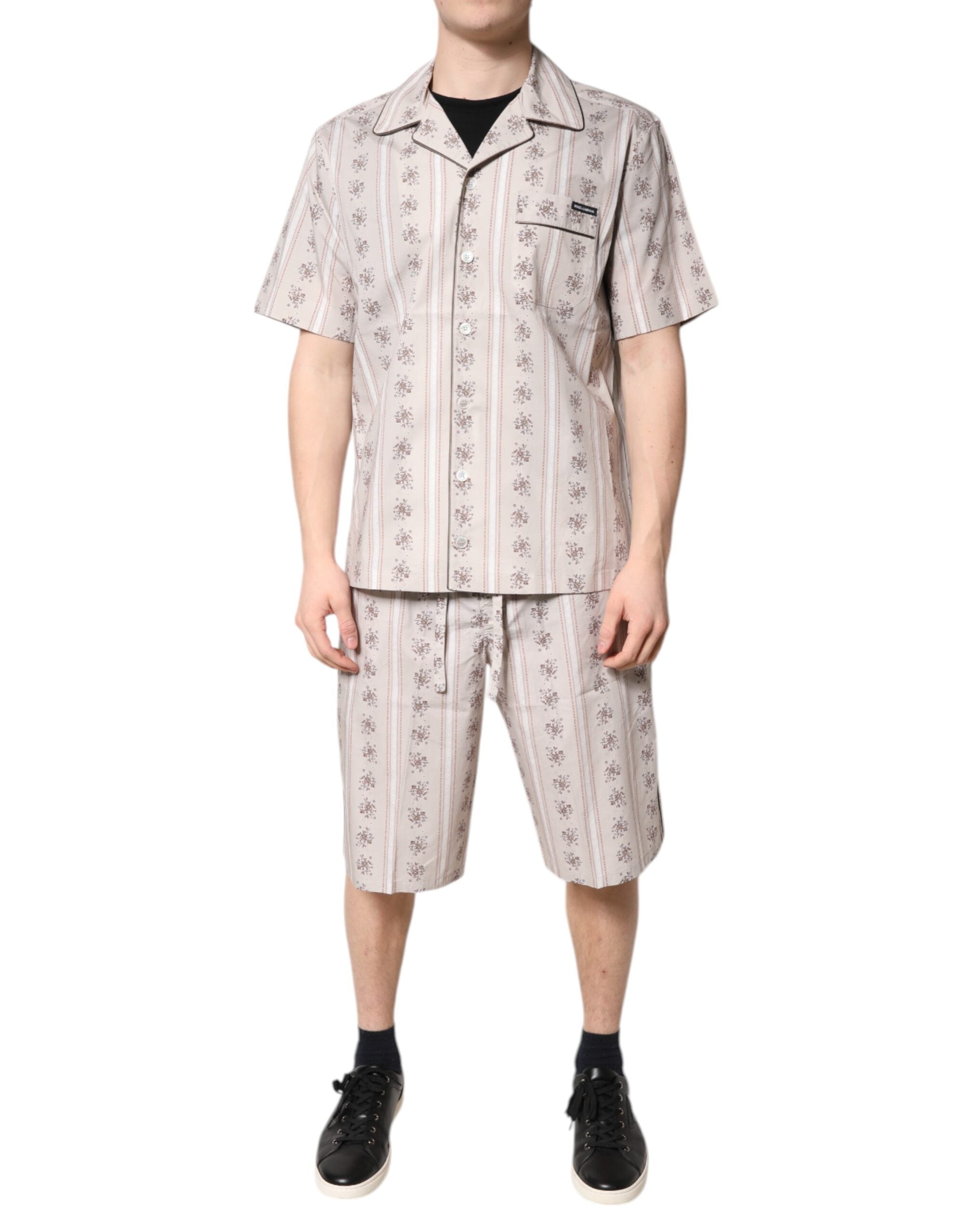 Floral-Print Cotton Pajama Shirt — Beige