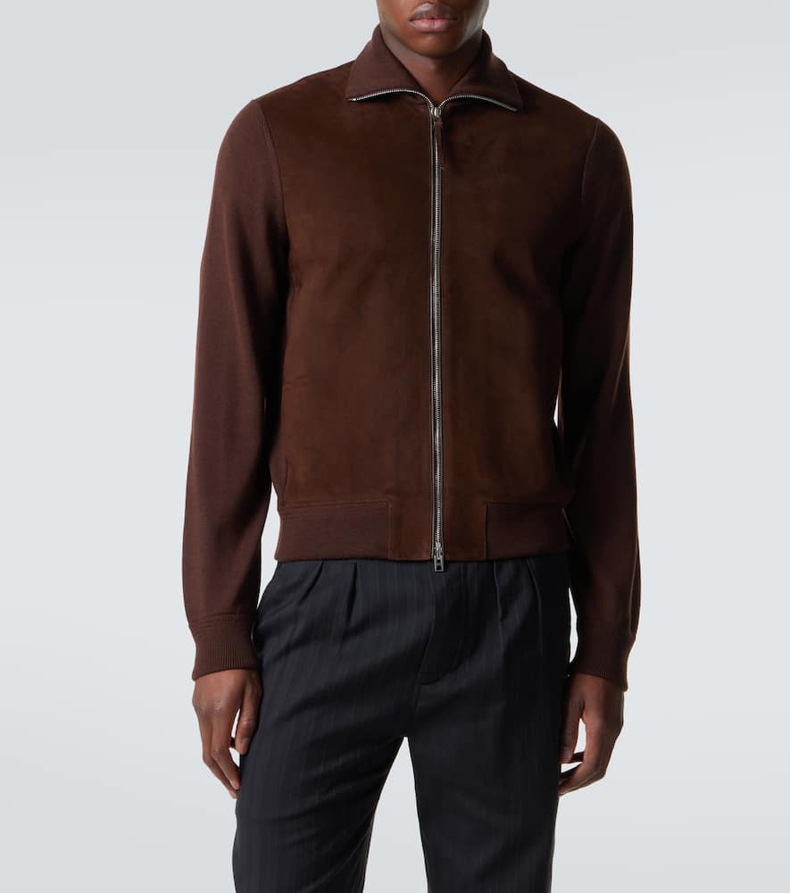 Suede-paneled wool-blend zip-up sweater