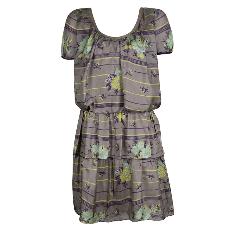 Philosophy di Alberta Ferretti Grey Floral Printed Silk Tiered Dre