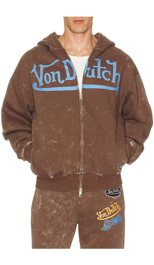 Von Dutch Oversized Washed Zip Hoodie in Brown. M. Also in S, L, XL/1X