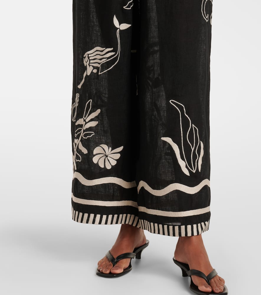Octopus embroidered linen wide-leg pants