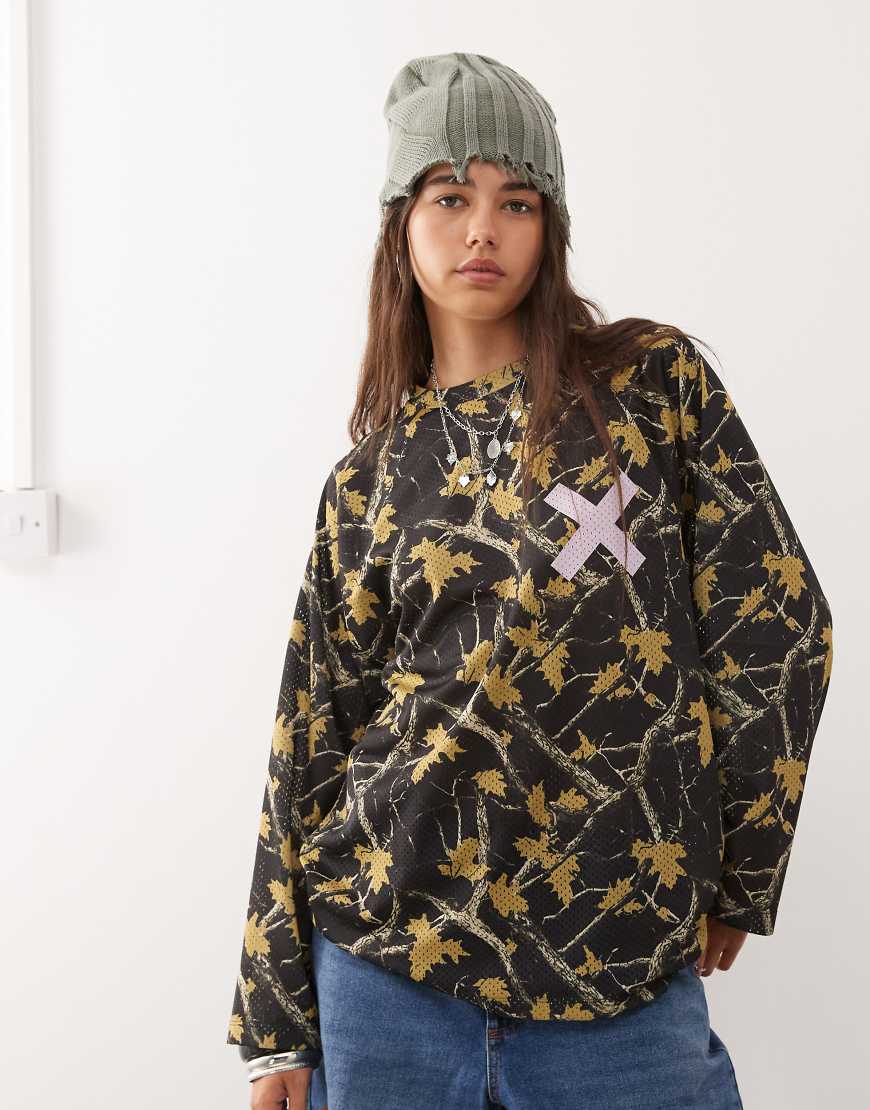 Camo printed airtex long sleeve top-Black