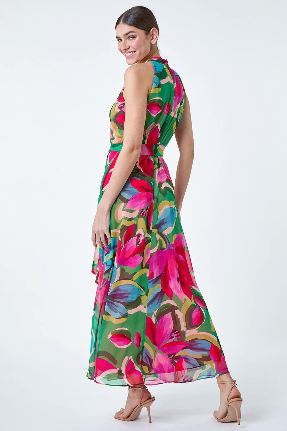 Roman Women's Floral Print Halter Neck Maxi Dress in Cerise