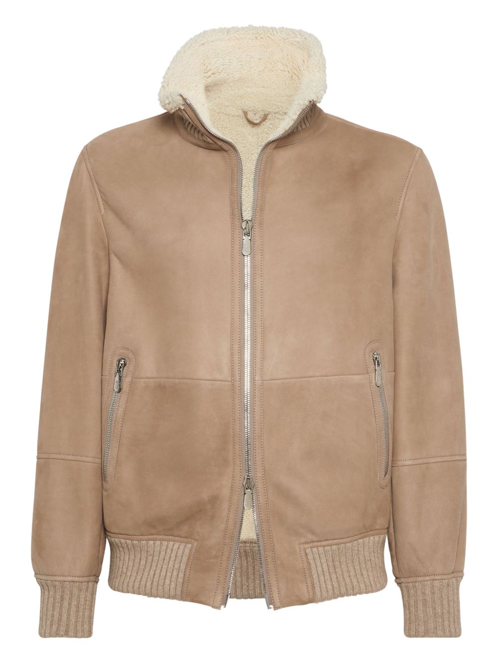Shearling-collared suede jacket - Brown