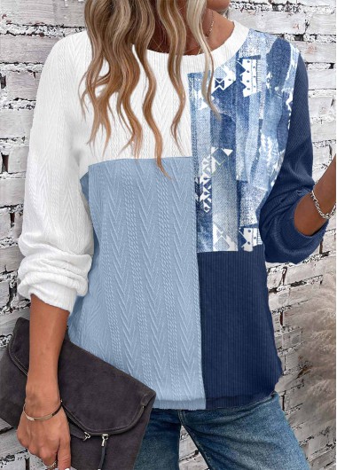 Modlily Dusty Blue Patchwork Long Sleeve Round Neck Sweatshirt
