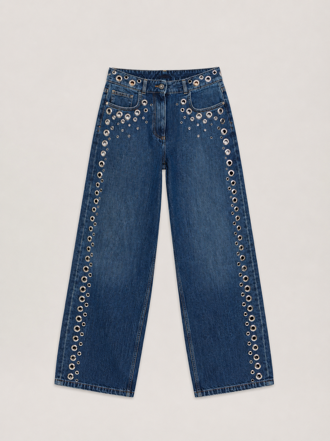 Eyelets Straight Jeans Woman  Medium Blue Silver