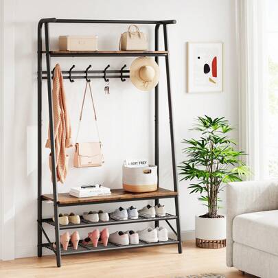 Industrial 3-In-1 Hall Tree With Coat And Shoe Rack, Heavy Duty Rustic Entryway Organiser, Narrow Coat Rack With Shoe Storage For Small Spaces, Brown