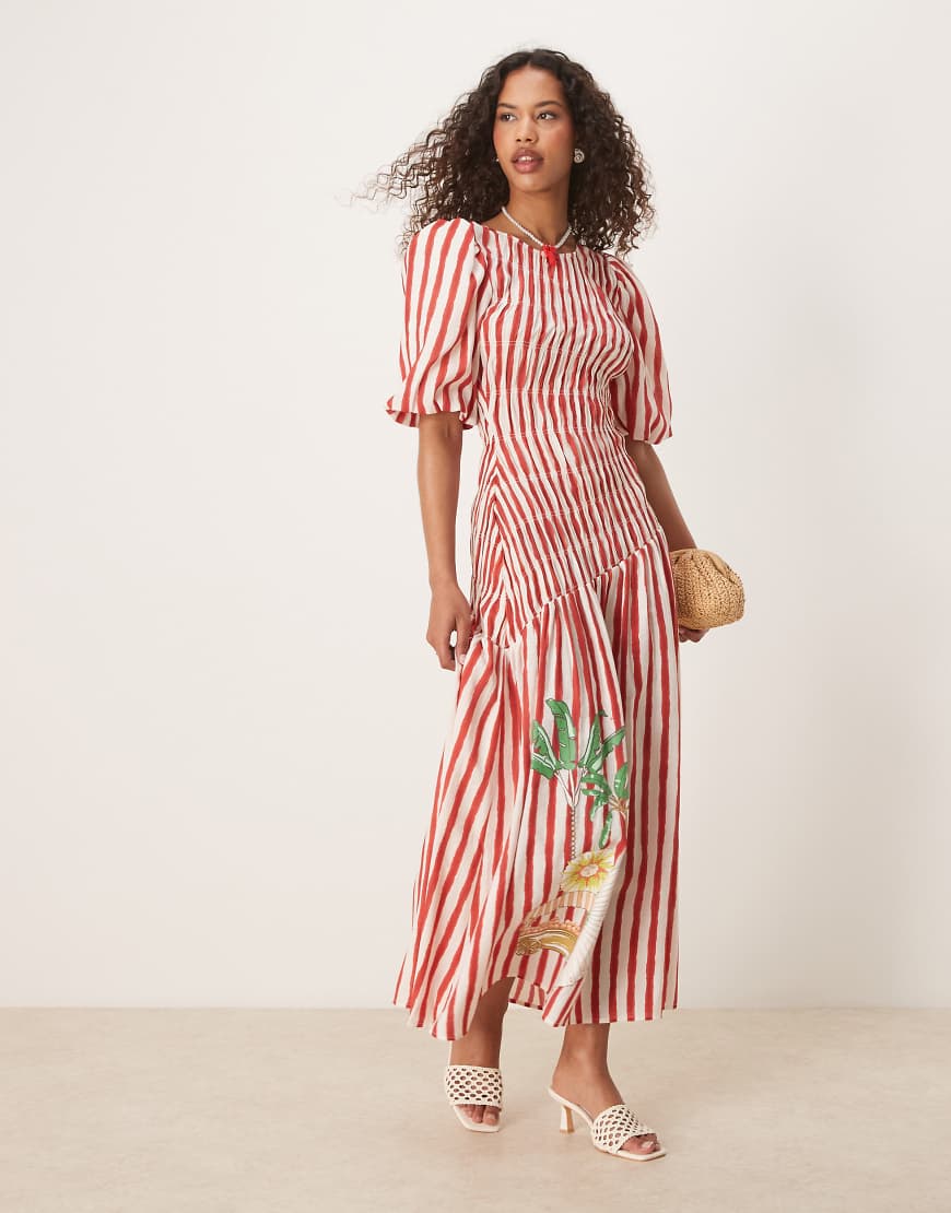 Striped cotton midaxi dress in seahorse print-Red