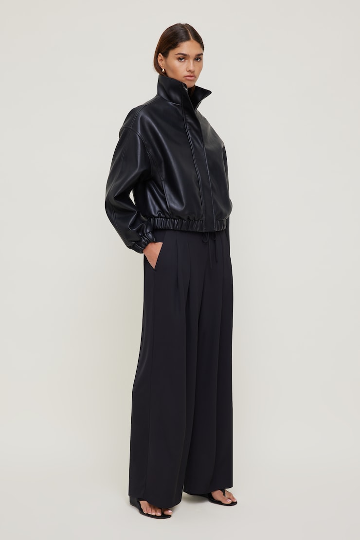 Oversized Faux Leather Bomber Jacket - Black - Women Clothing