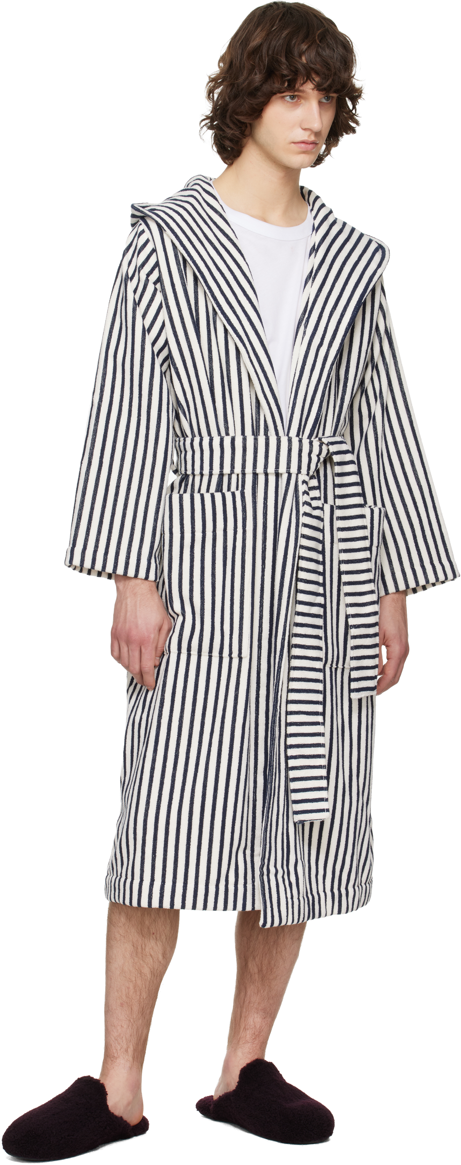 Off-White & Navy Terry Hooded Bathrobe