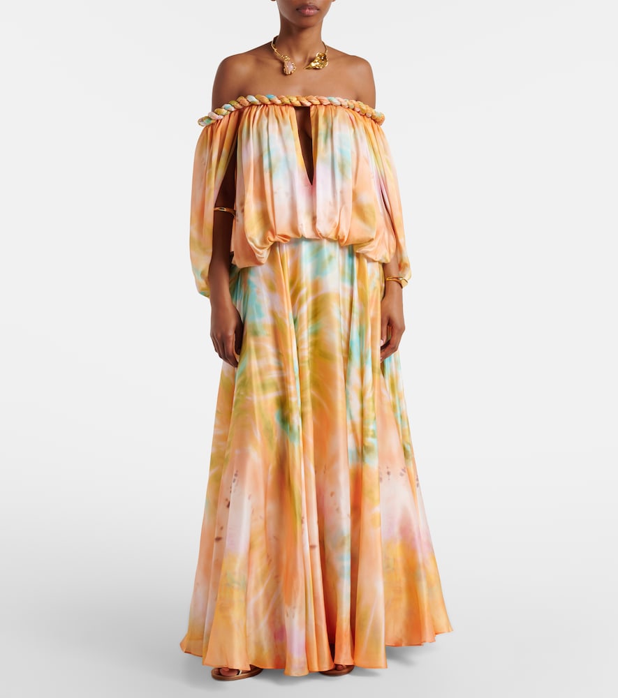 Luna off-shoulder printed silk chiffon gown