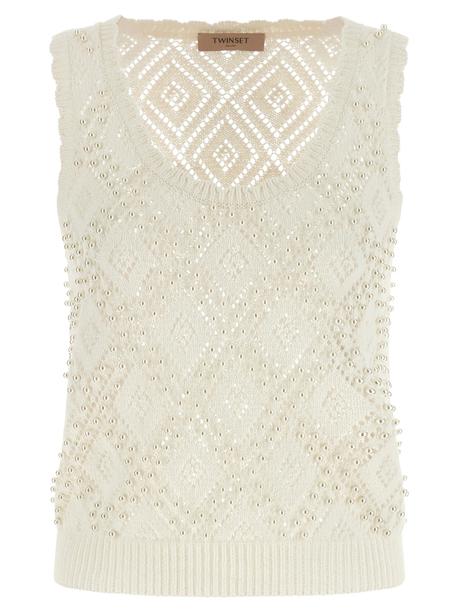 Pearl-Embellished Cotton Knit Tank Top — Cream