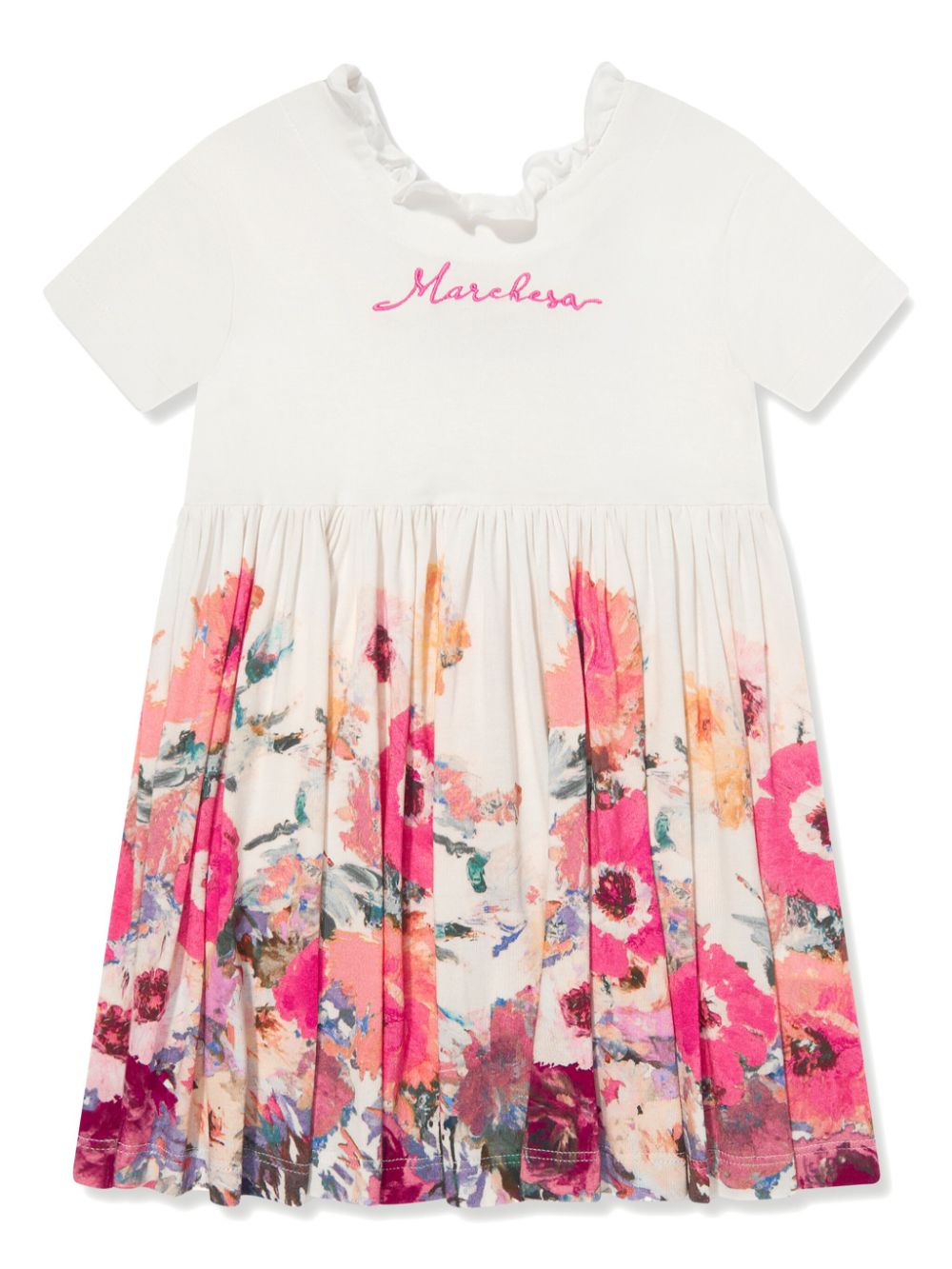 Logo-embroidered floral dress - White