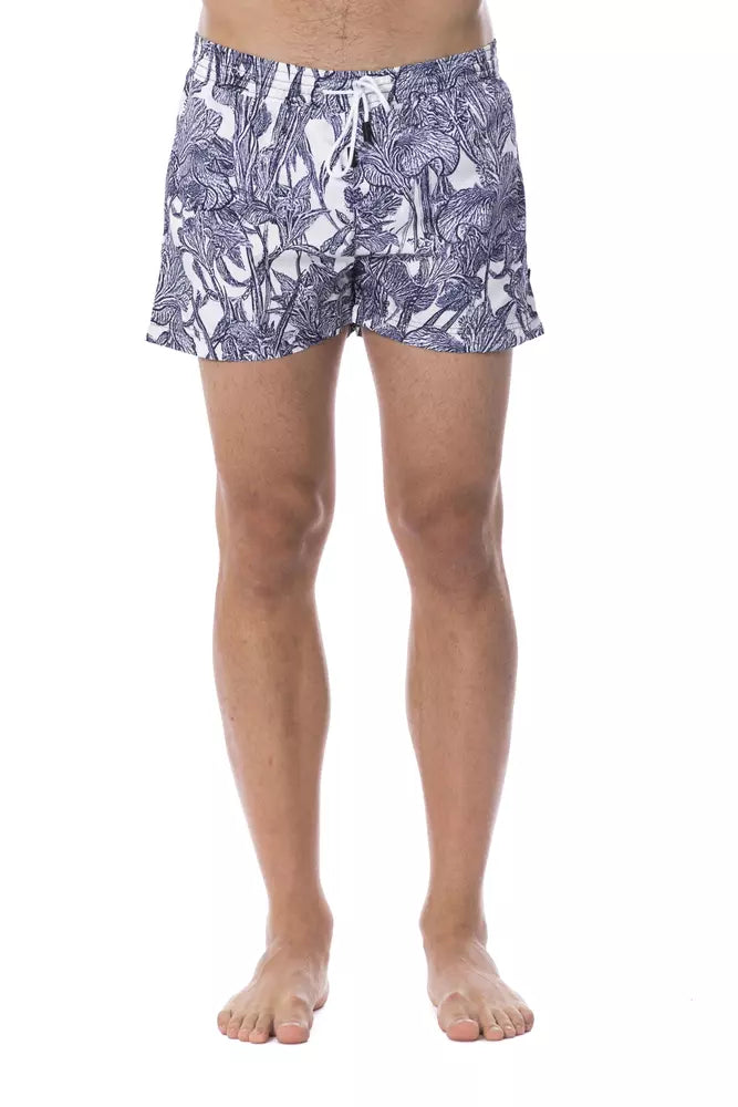 Abstract-Print Polyester Swim Shorts — Blue