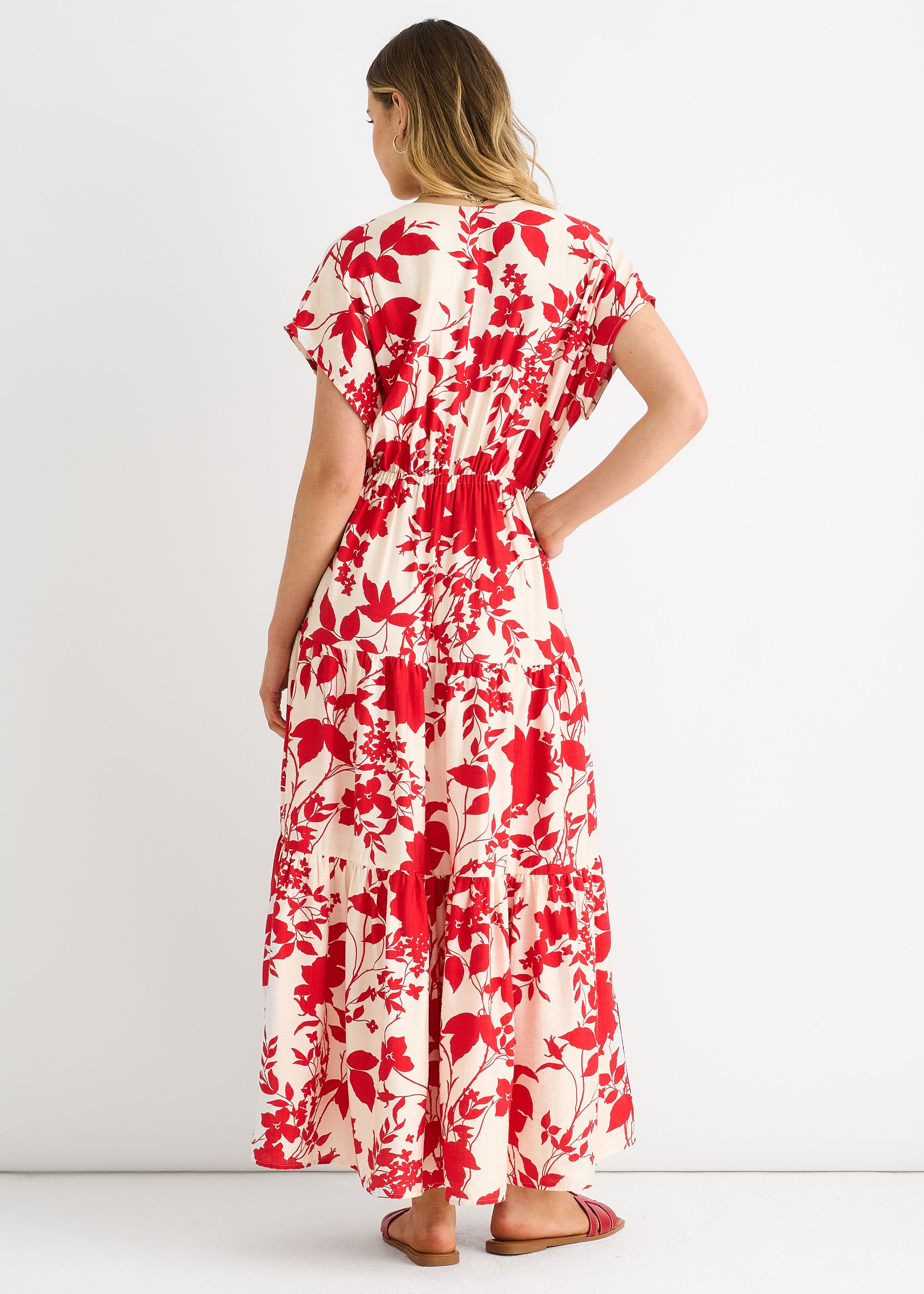 Gini London Women's Red Floral Elastic Waist Maxi Dre