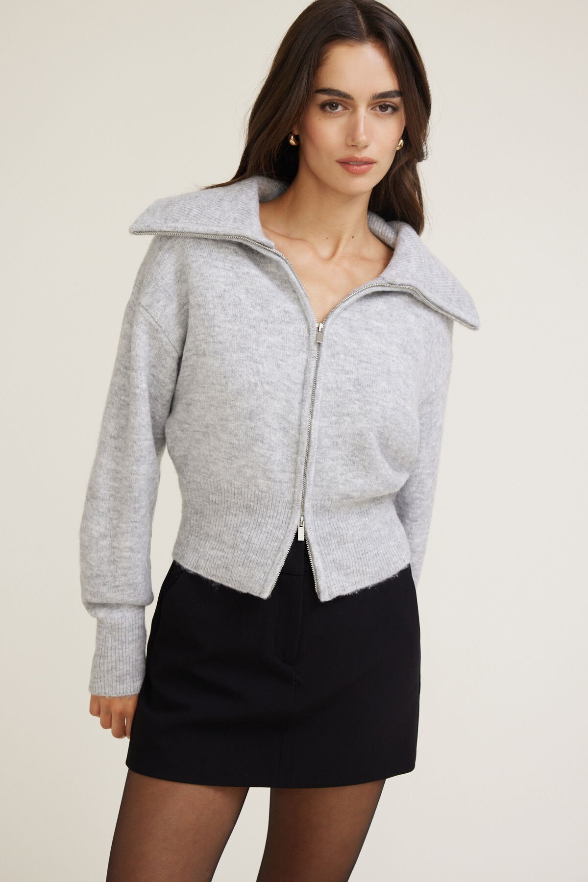 Wide Collar Zip Up Cardigan