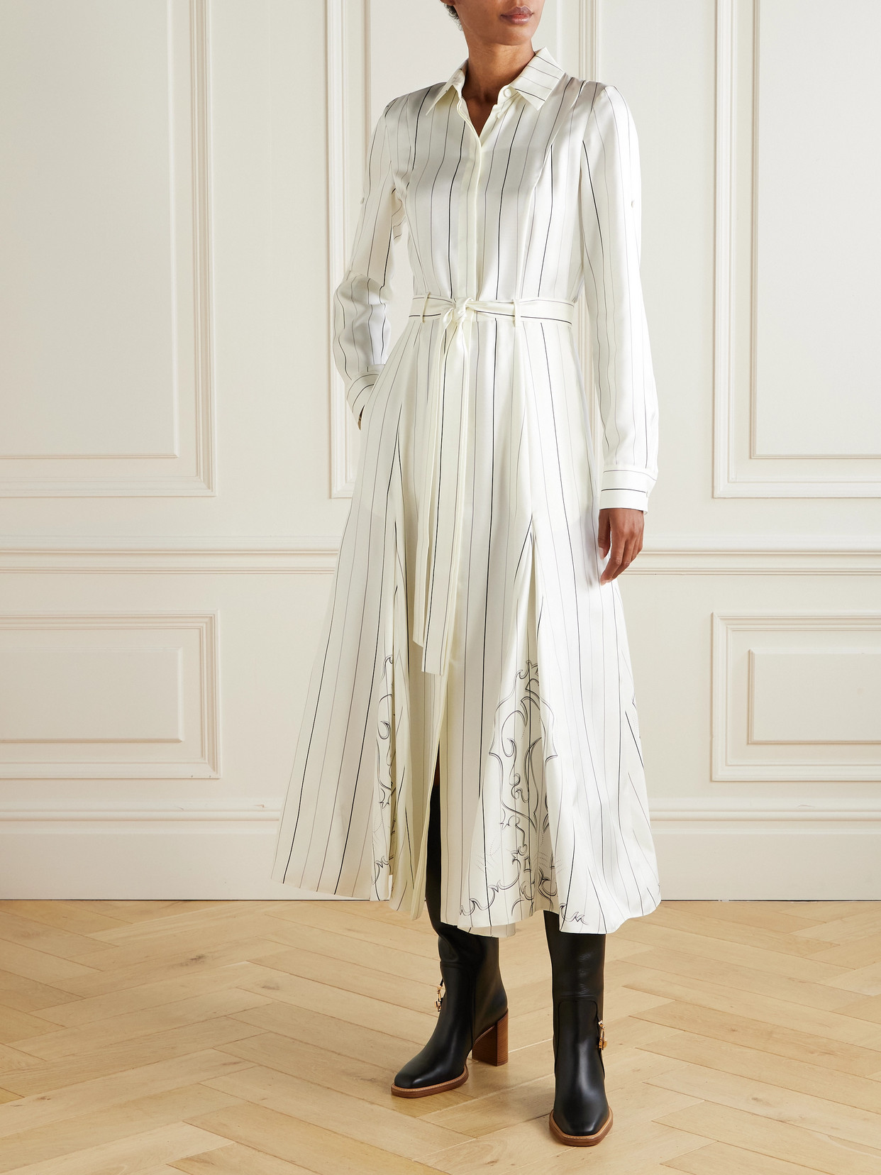 Galway Belted Striped Silk-twill Midi Shirt Dress - Ivory