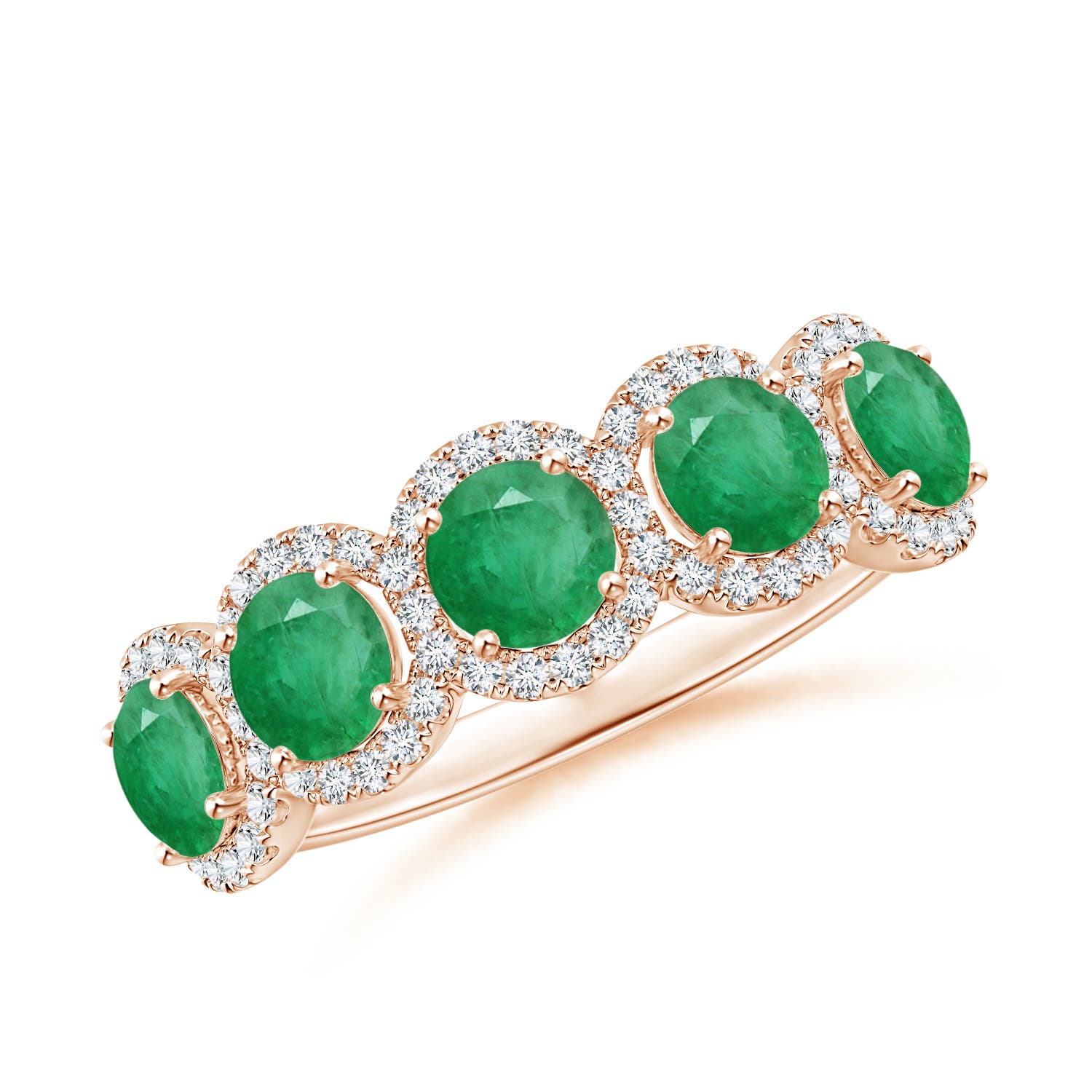 Angara 1.2 Carats Half Eternity Five-Stone Emerald Halo Ring in 14K Rose Gold