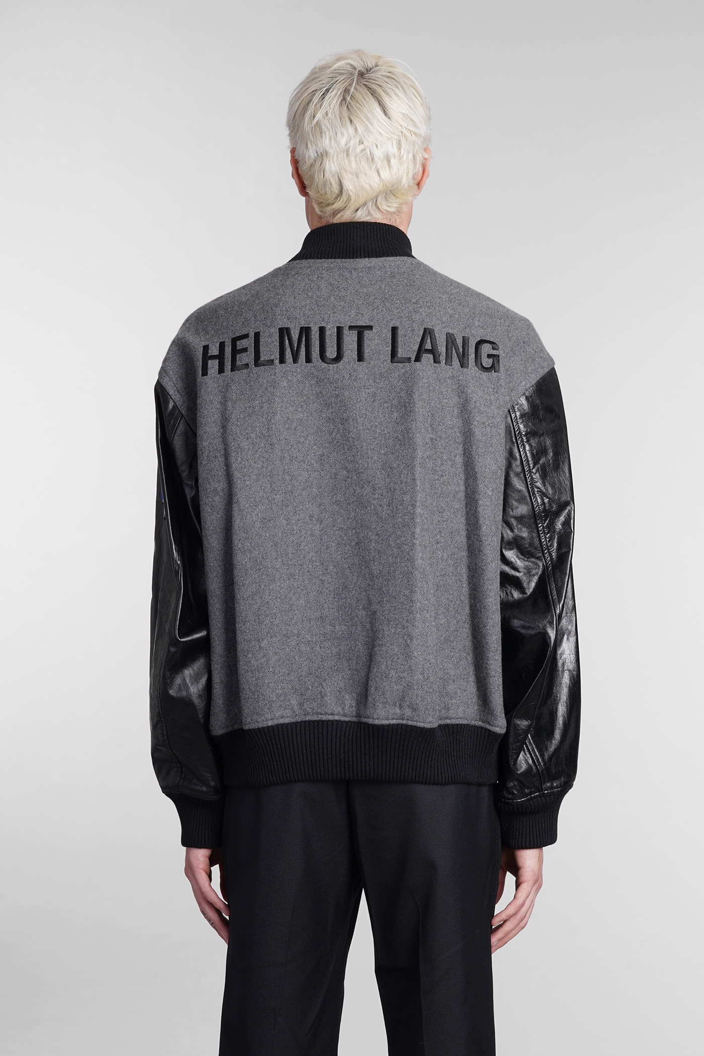 Bomber In Grey Leather And Fabric