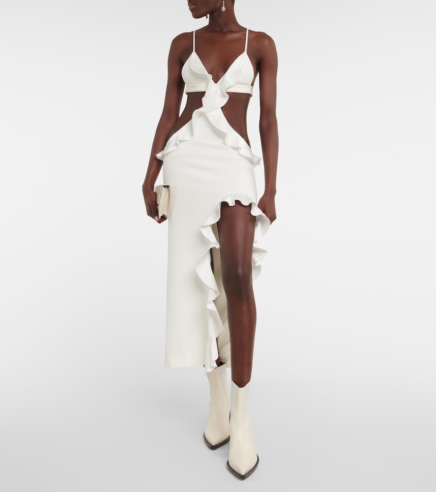 Ruffle-trimmed asymmetrical cutout midi dress