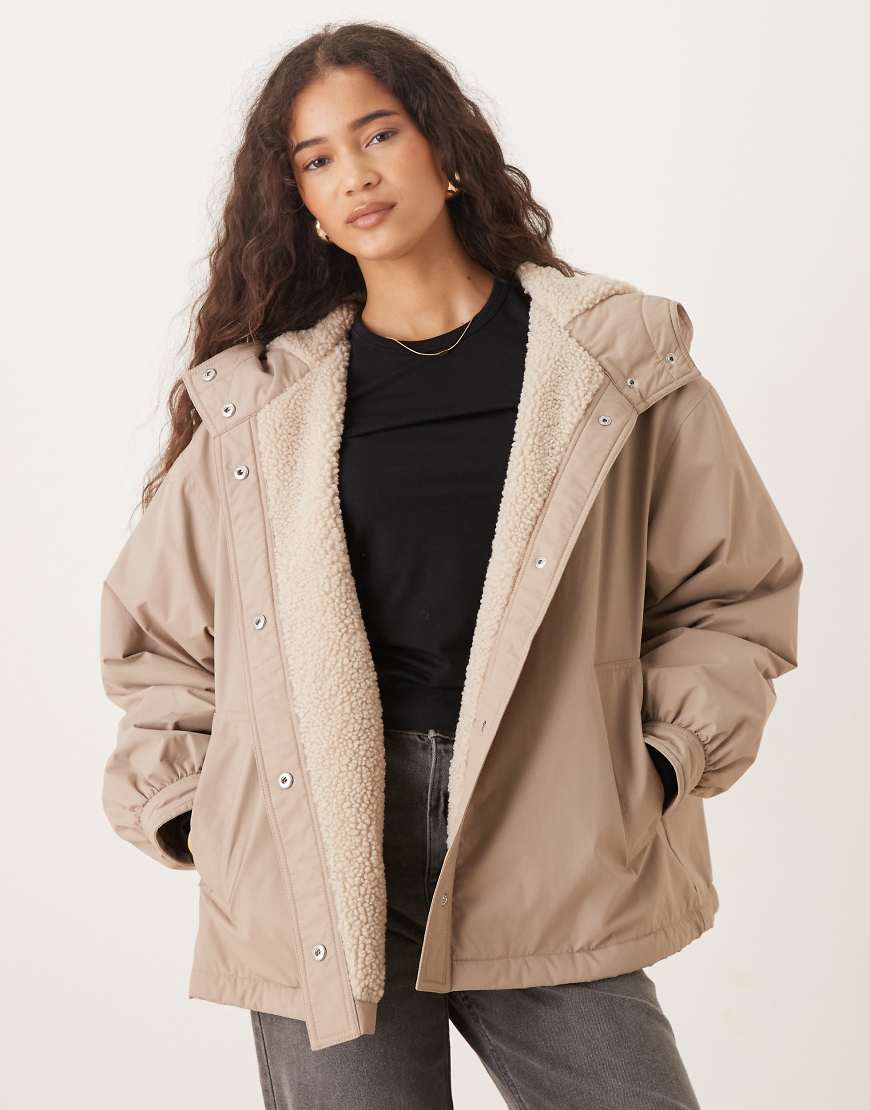 Oversized fleece lined rain coat in marshmallow-Black