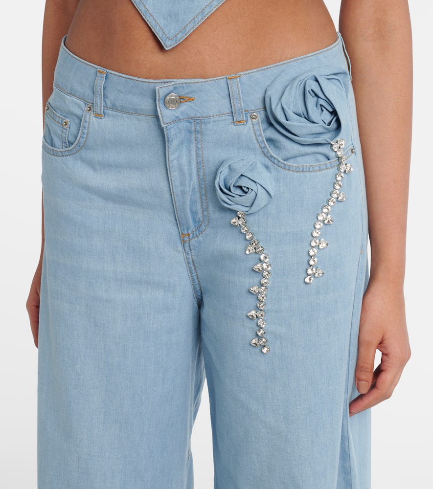 Embellished floral-appliqué wide-leg jeans