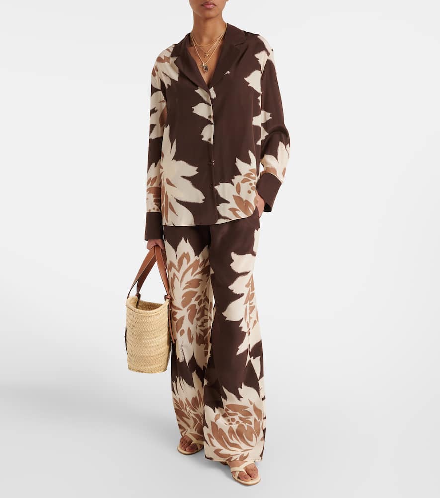 Floral silk satin wide-leg pants