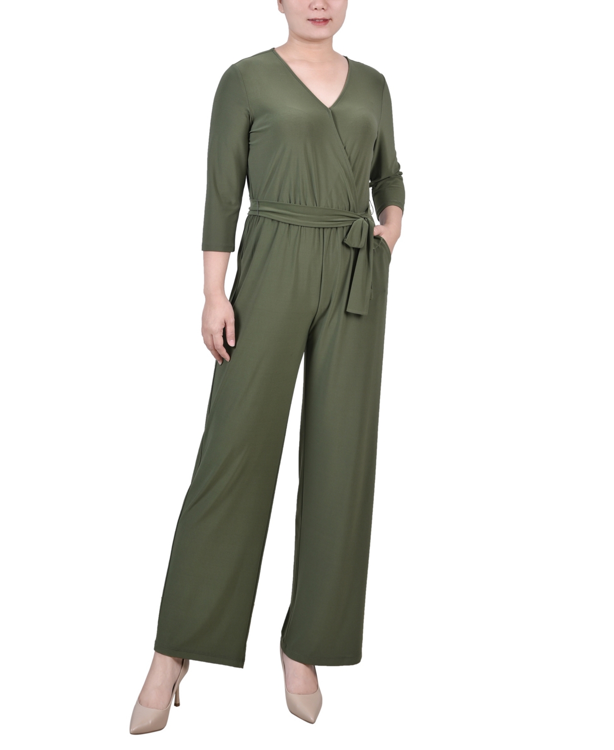 Petite Short 3/4 Sleeve Belted Wide Leg Jumpsuit - Oil Green