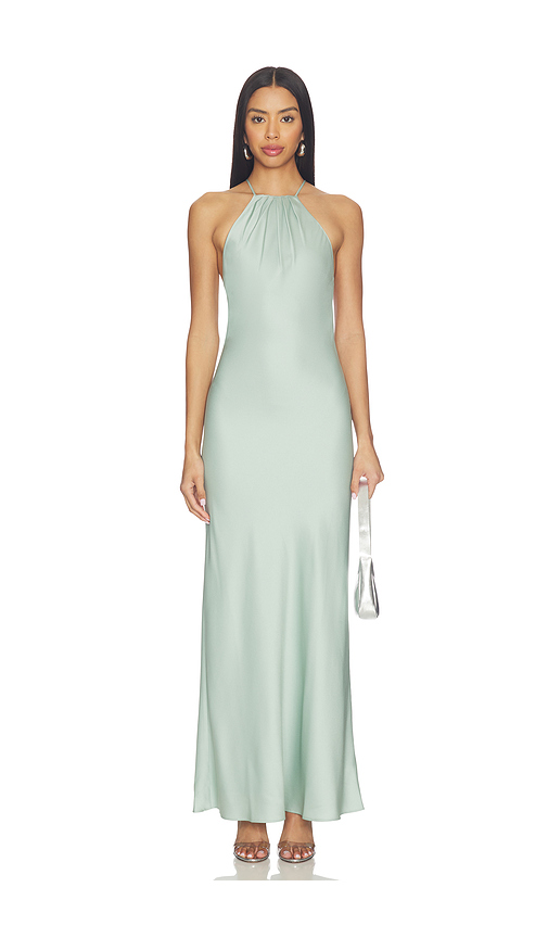 Rue Sophie Faye Satin Dress in Sage. XS. Also in S, M