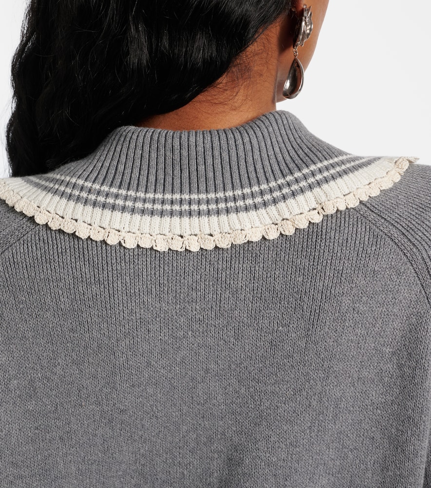 Crochet-trimmed cotton and cashmere polo sweater