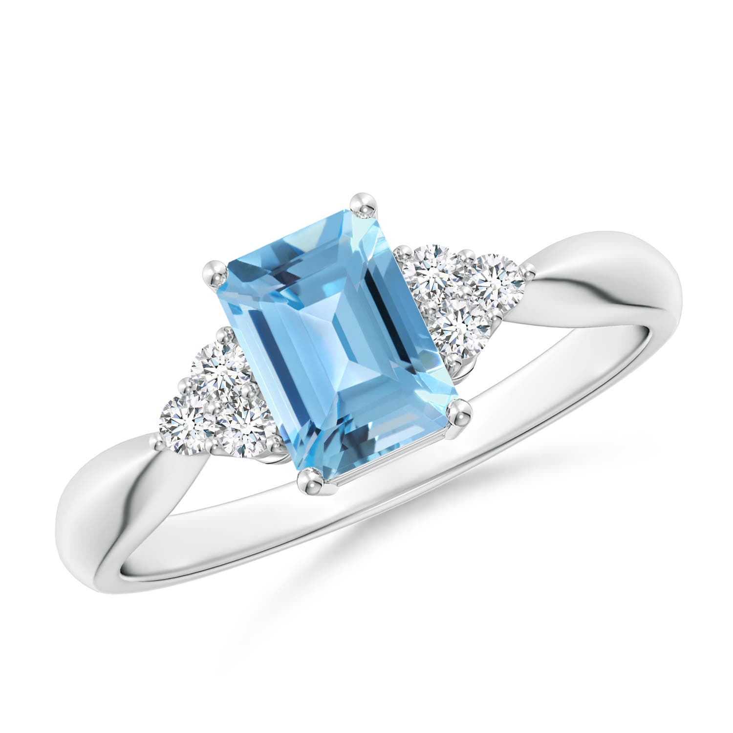 Angara 1.2 Carats Emerald-Cut Swiss Blue Topaz Ring with Trio Diamonds in Platinum