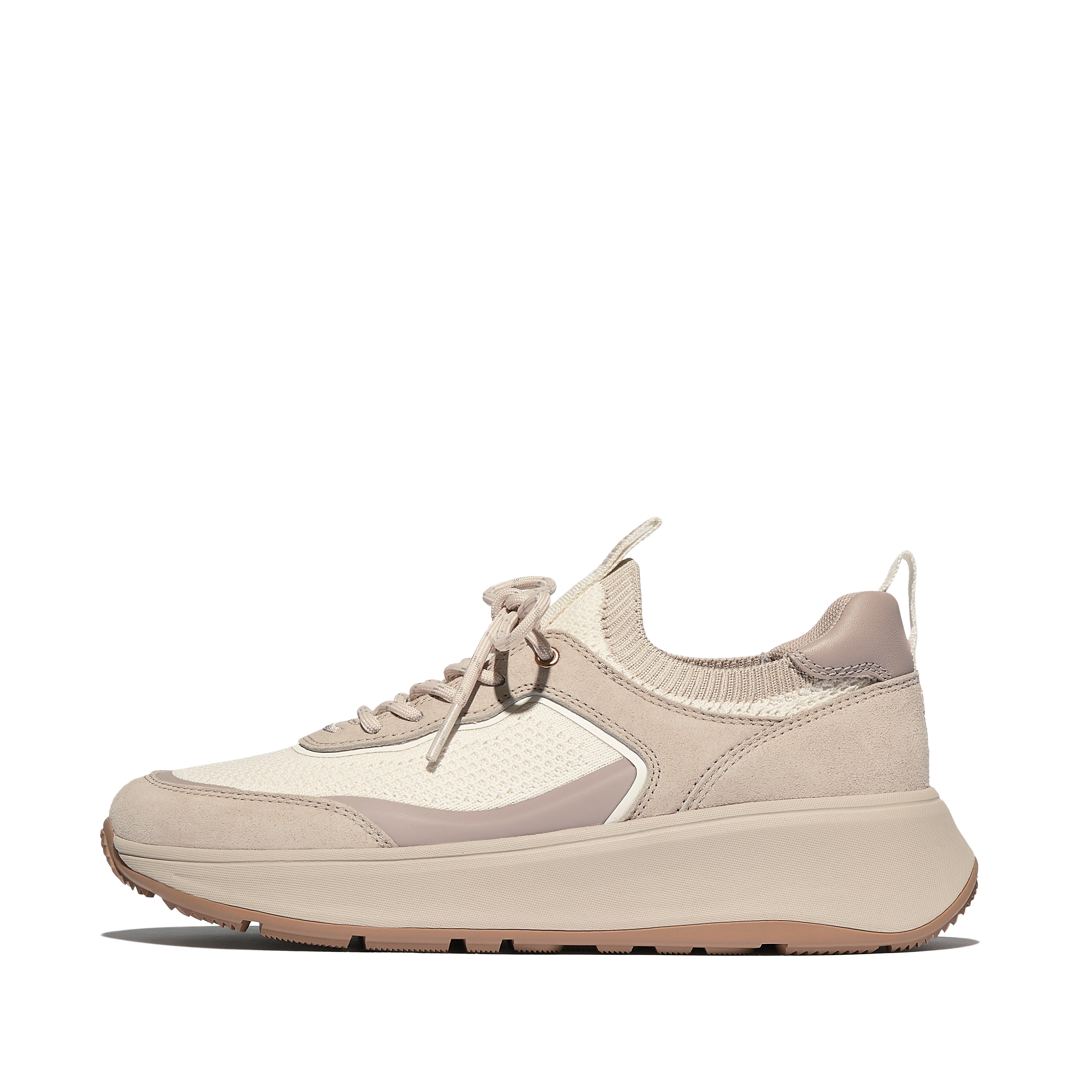 F-MODE Knit/Suede Flatform Pull-On Sneakers Polyester/Nylon (Knit)/Leather, Outlet, Stone Beige Mix, Size: US 8.5