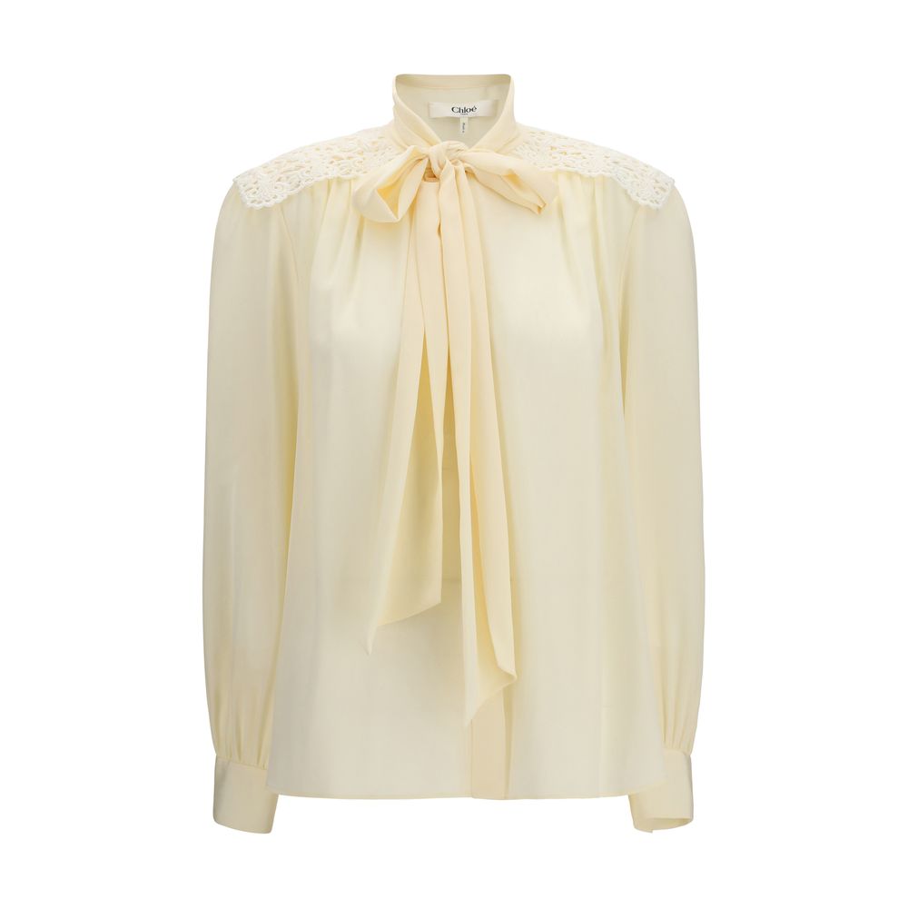 Embroidered-Shoulder Silk Blouse — Beige