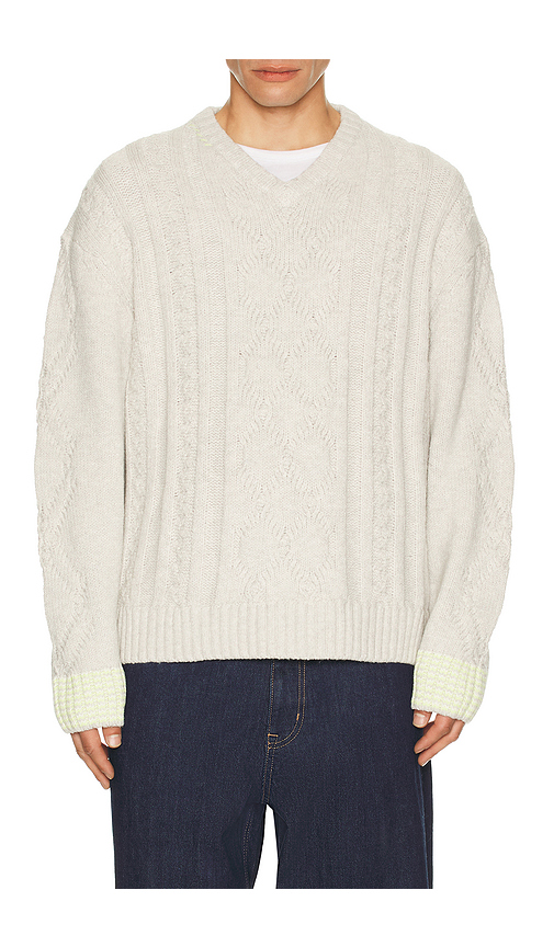 Scotch & Soda V-Neck Chunky Cable Loose Fit Pullover in Grey. S. Also in L, M, XL/1X