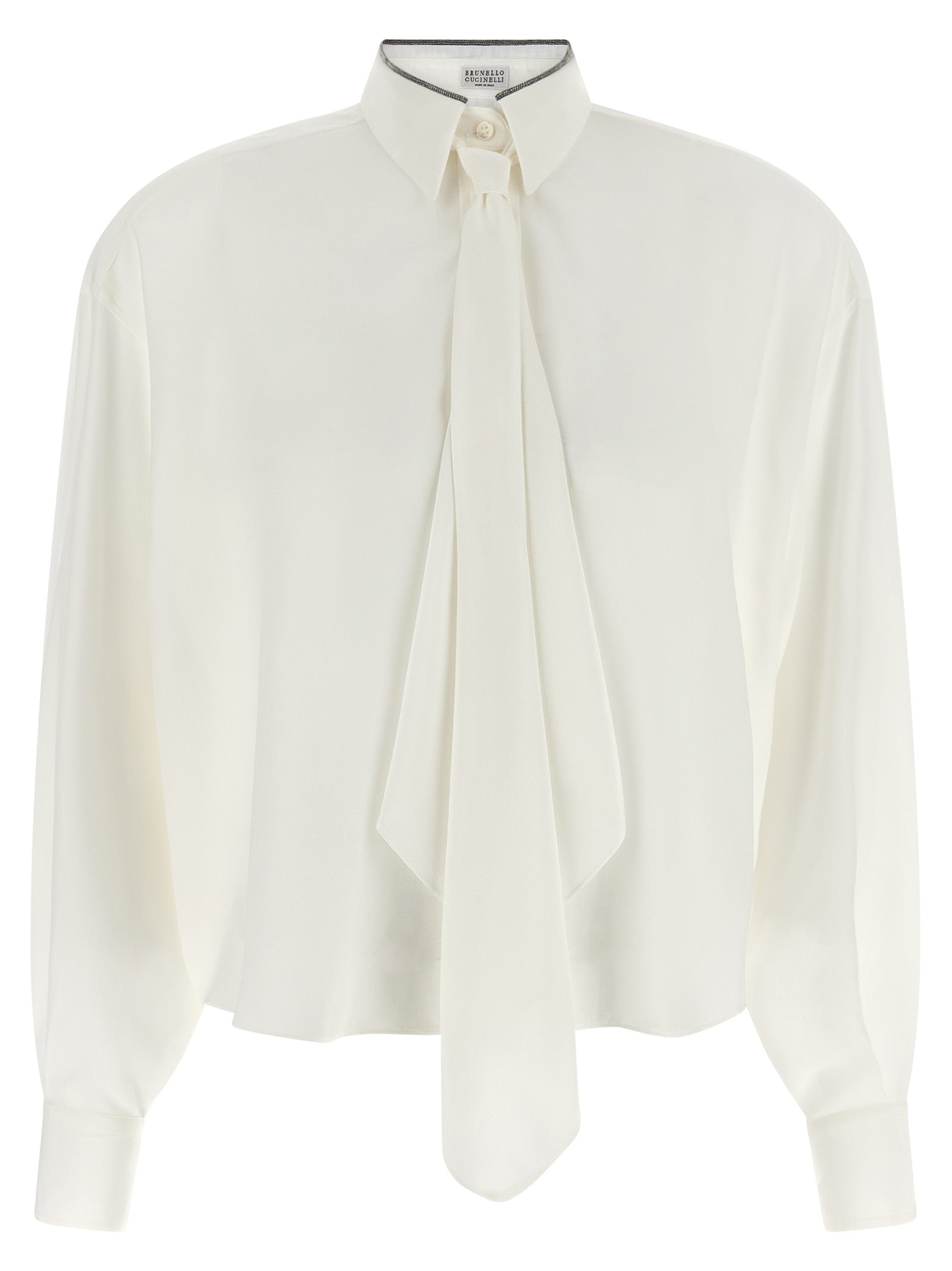 Silk with Removable Tie Collar Blouse — White