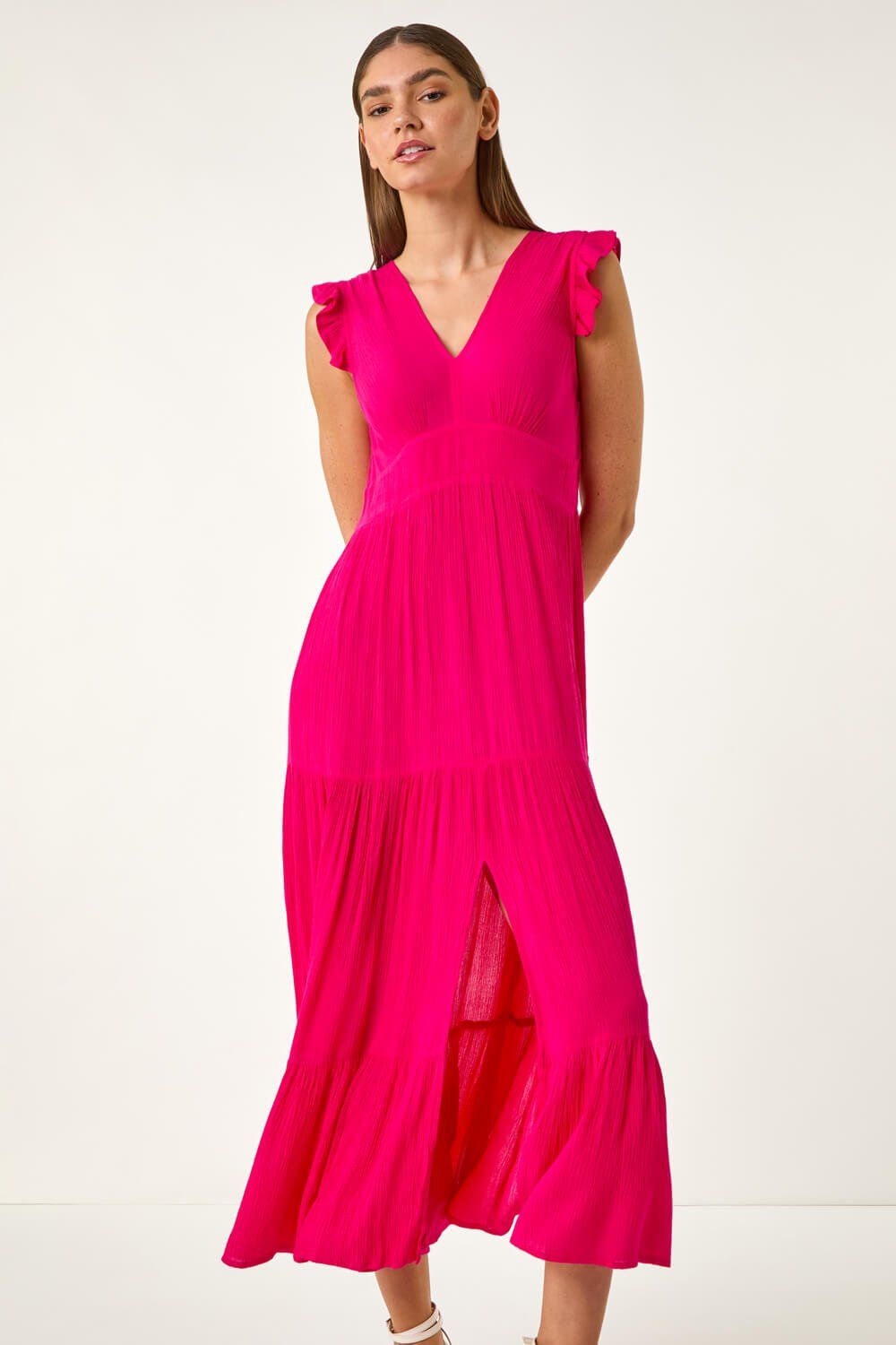 Roman Women's Crinkle Tiered Frill Maxi Dress in Fuchsia