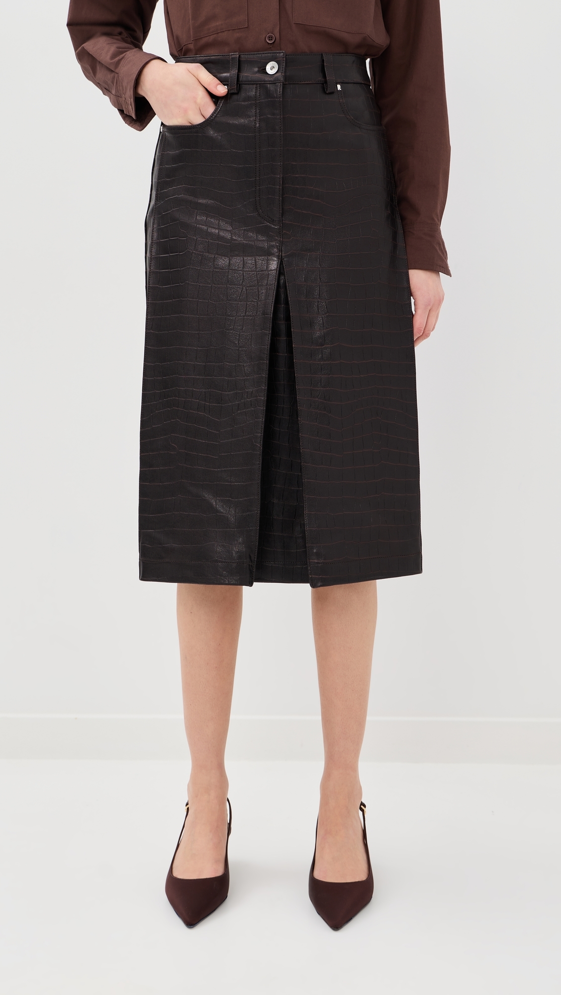 Lamb Leather Croc Embossed Skirt Dark Brown