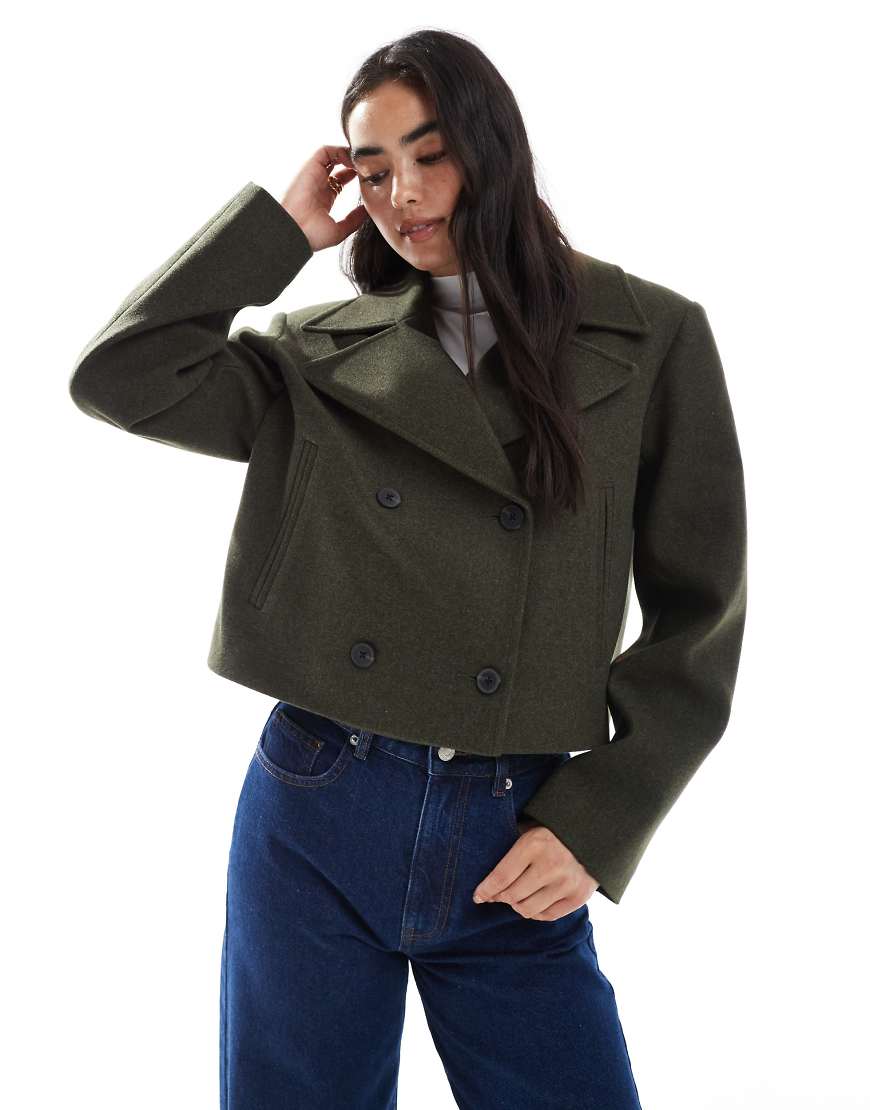 Cropped formal pea coat in olive-Green
