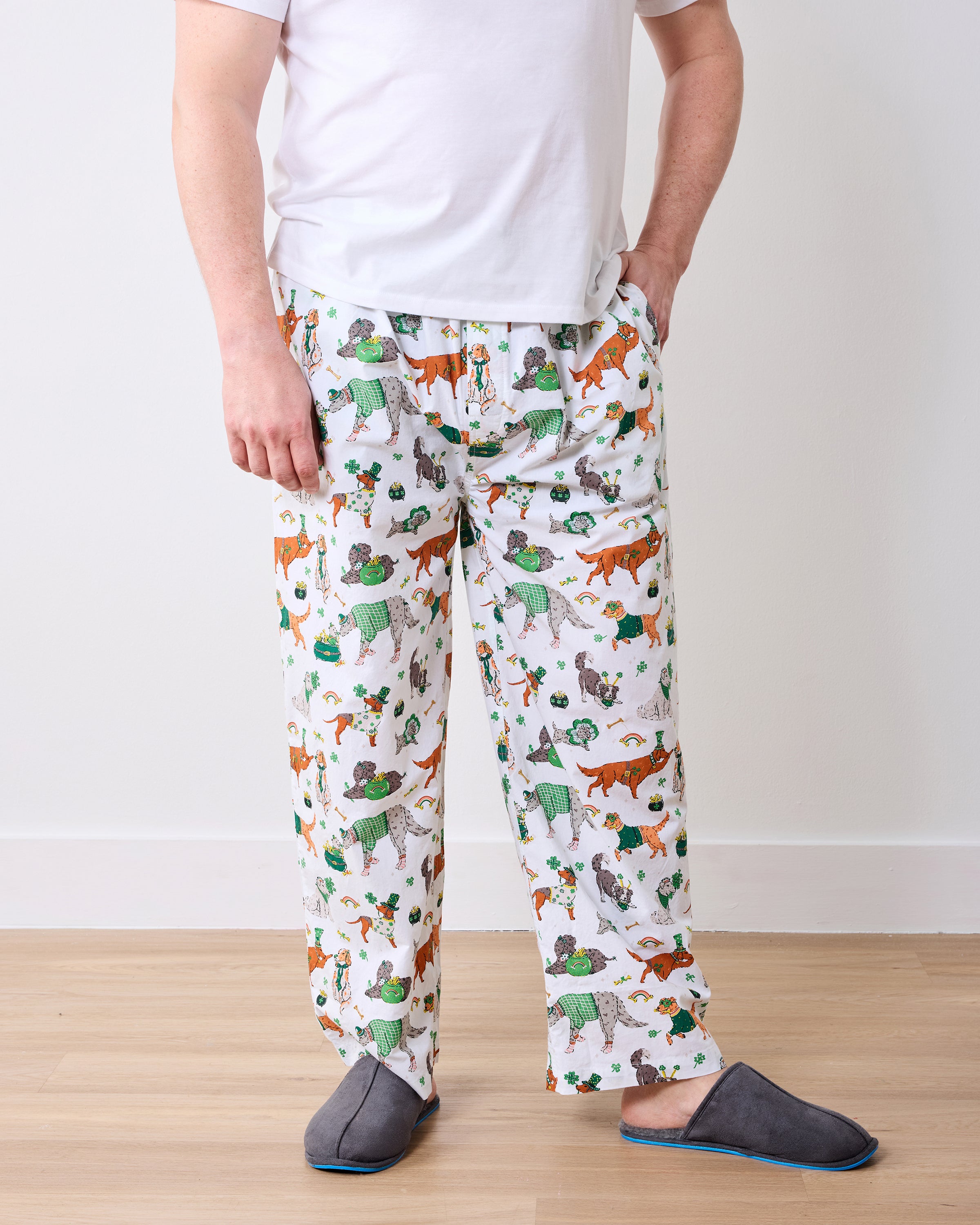 Organic Cotton Men's PJ Pant in Lucky Paws | Men's XS | White St. Patrick's Day | Sleepwear