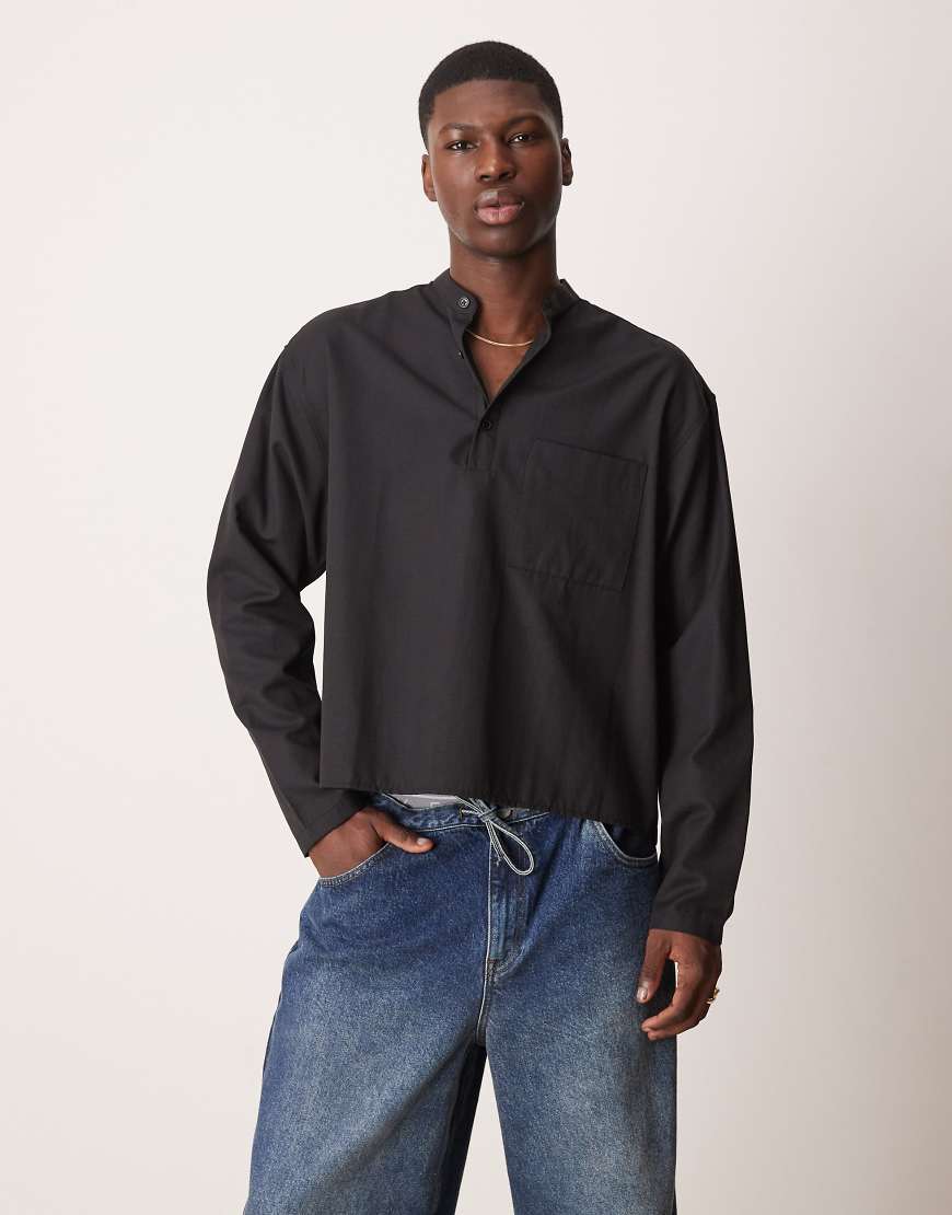 ASOS DESIGN oversized boxy overhead grandad shirt in black