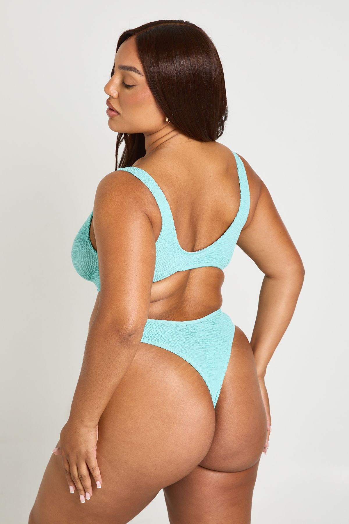 Boohoo Womens Premium One Fits All Crinkle V Front Thong Bikini Bottom - Blue Nylon - One