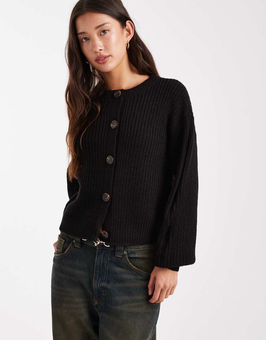 Chunky rib round neck cardigan in black