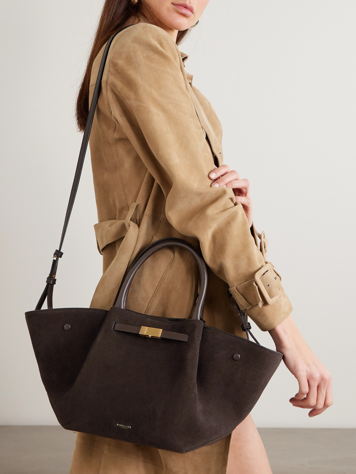 Midi New York Leather-trimmed Suede Tote - Chocolate