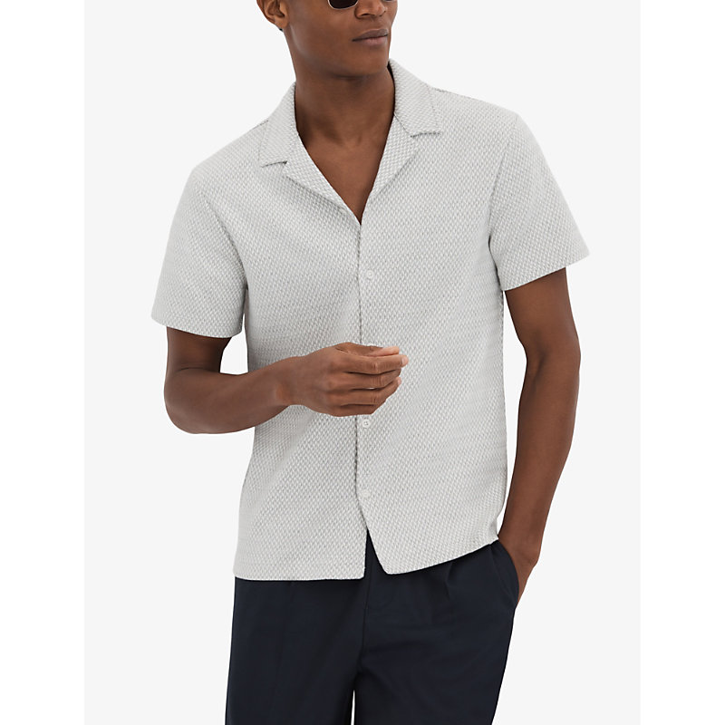 Mens Light Grey Brewer Textured-weave Stretch Cotton-blend Shirt S