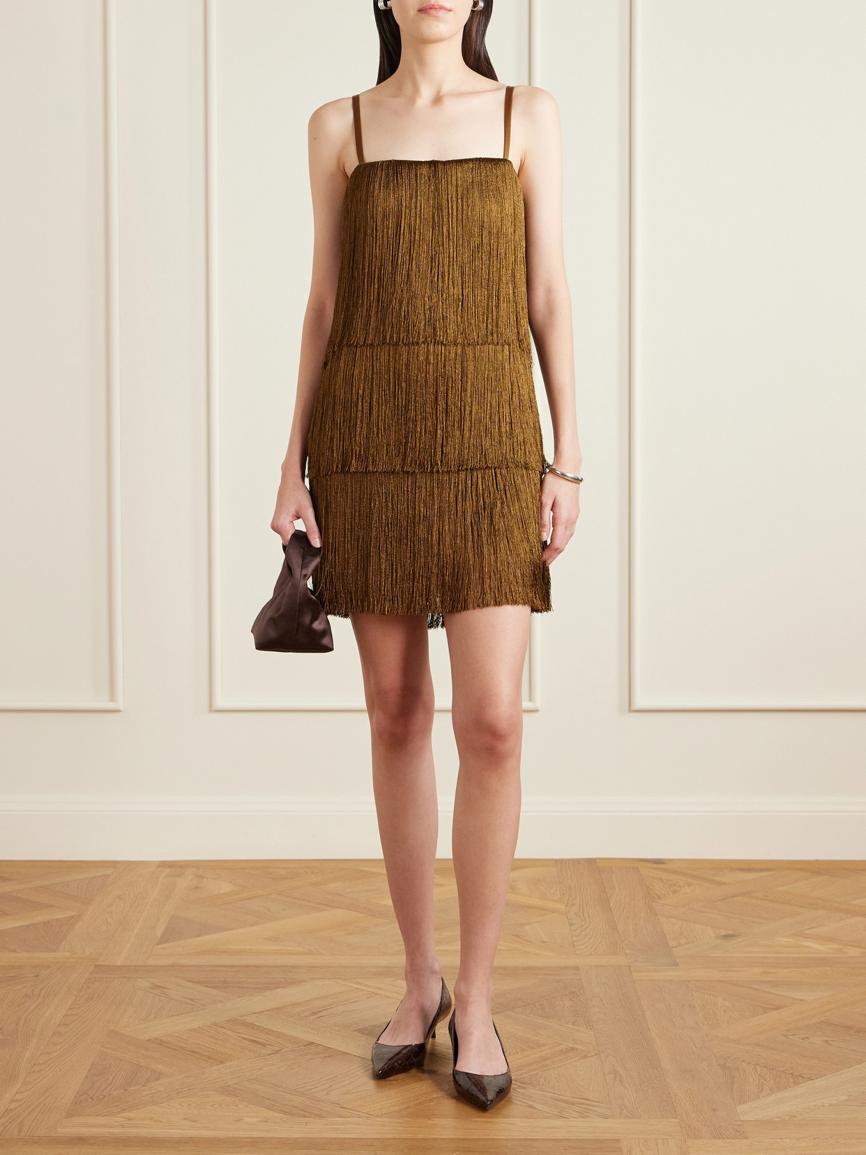 Cinca Tiered Fringed Satin Mini Dress - Brown