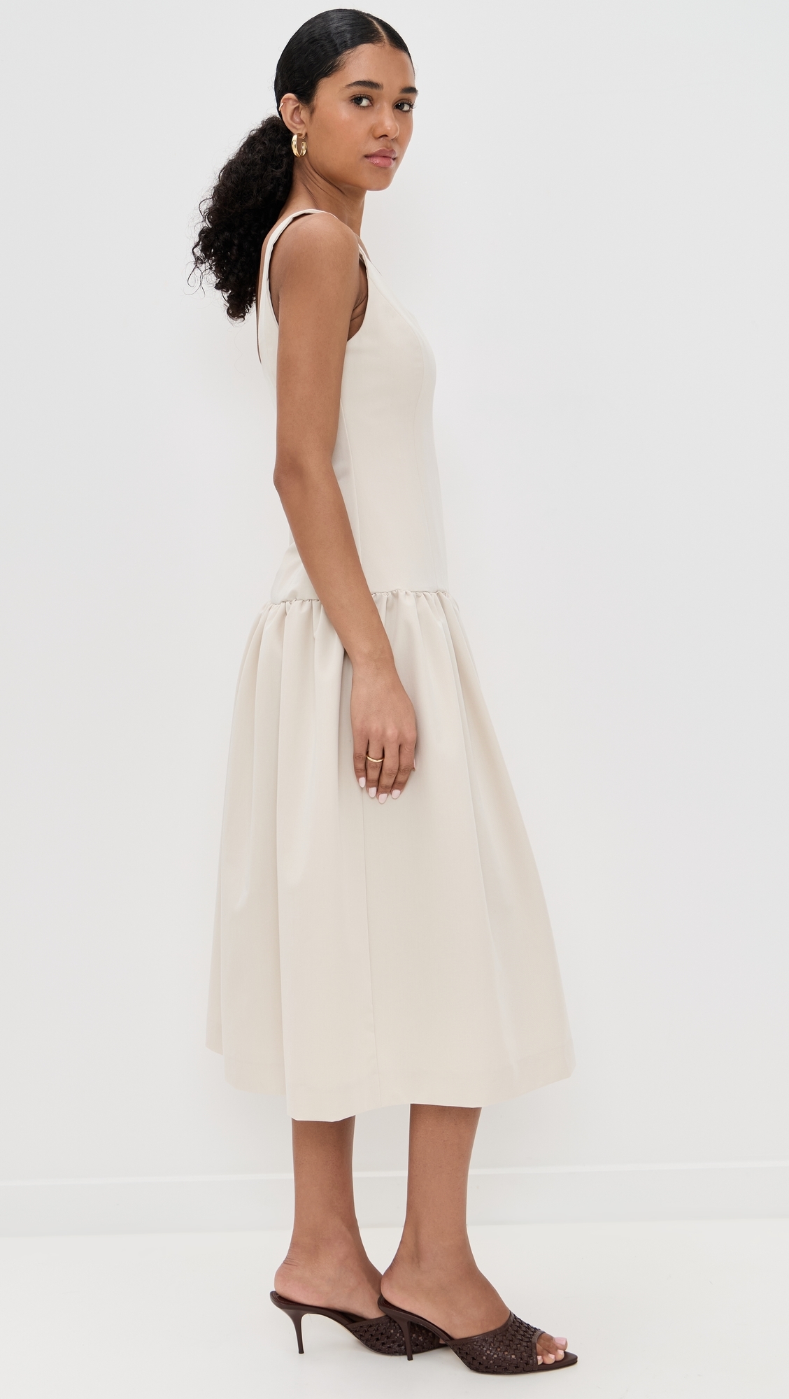 Drop Waist Peplum Midi Dress Beige 