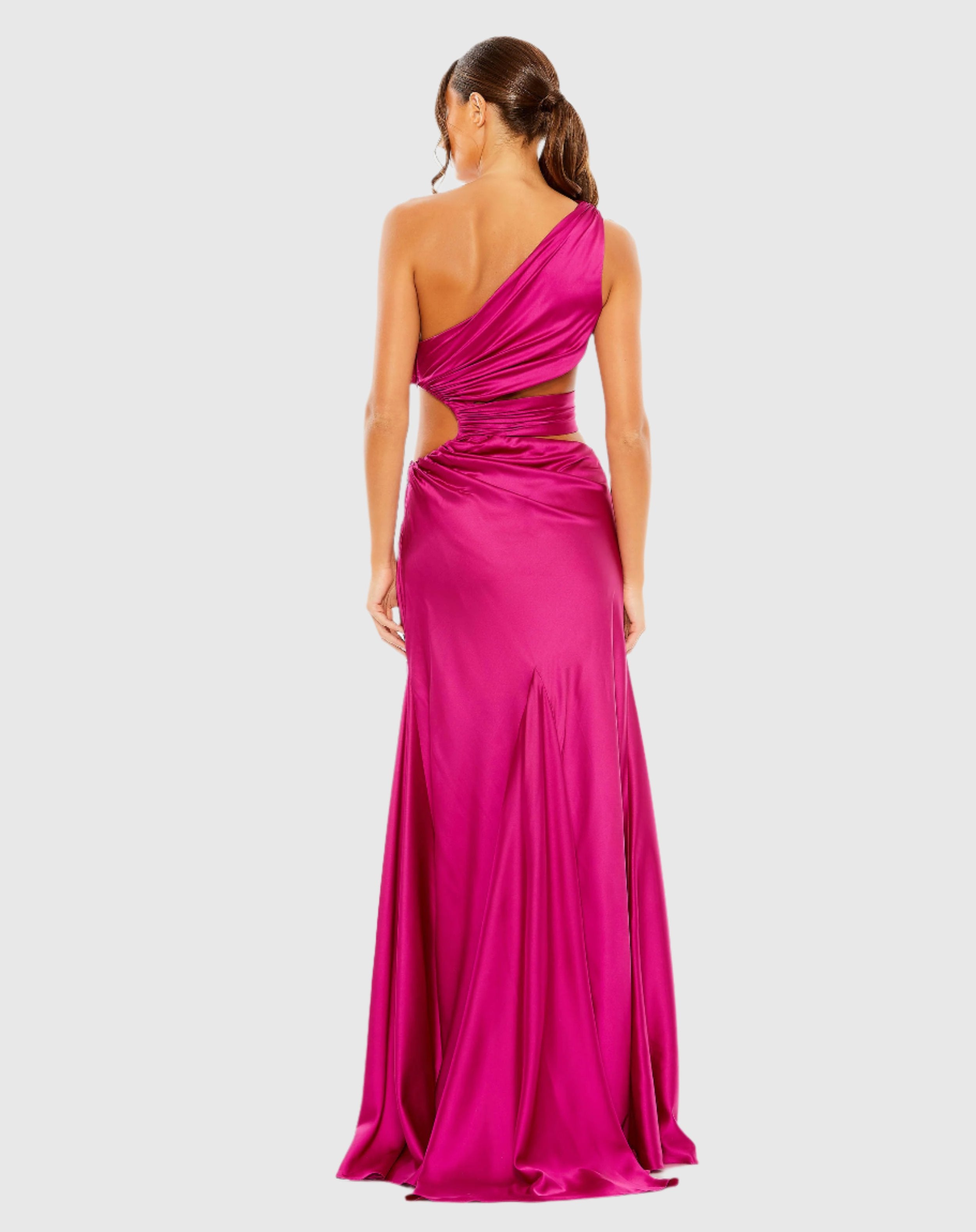 Pink Cut Out One Shoulder Satin Wedding Guest Maxi Gown In Magenta