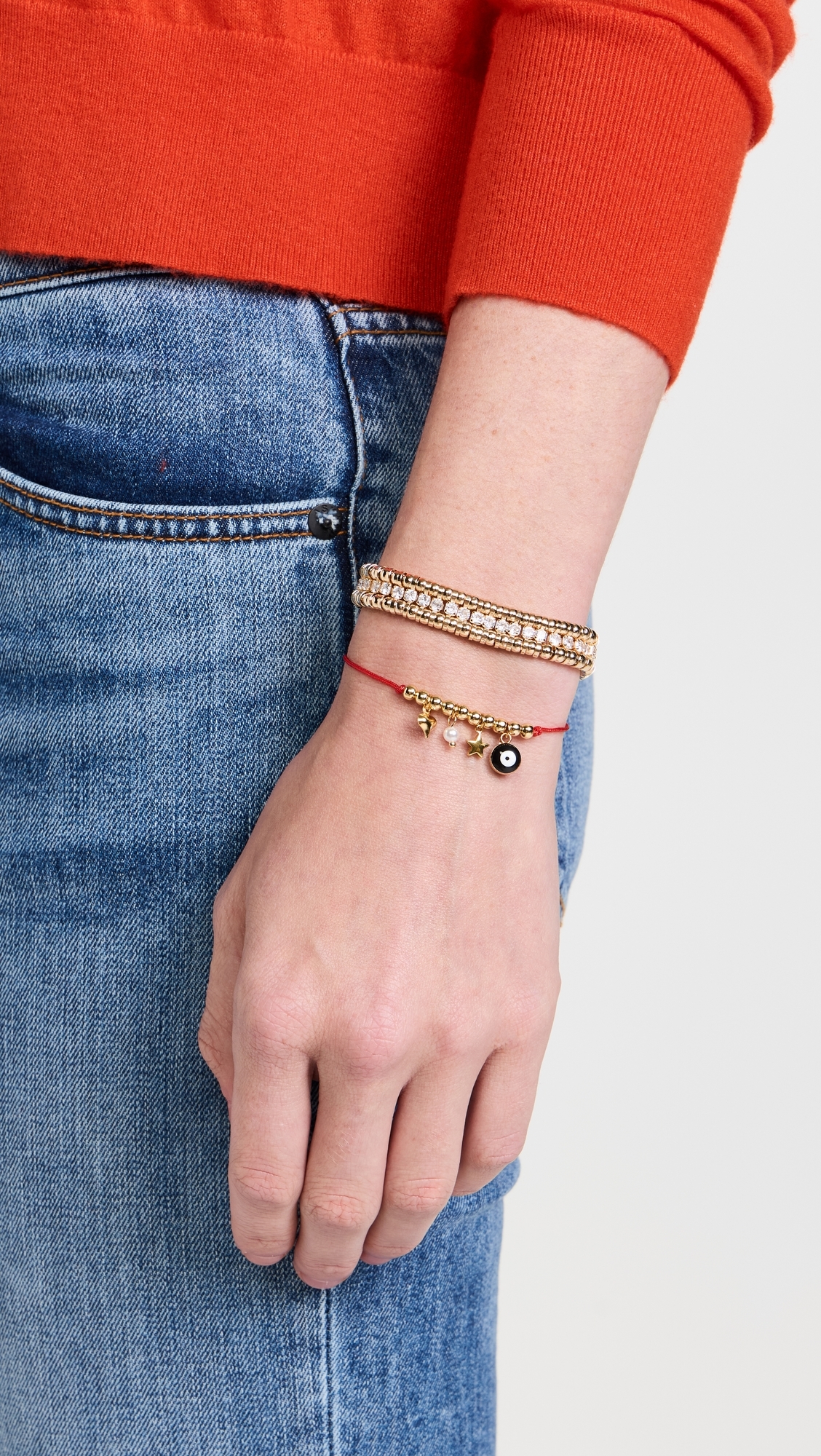 Red String Bracelet Yellow Gold/Black Eye One Size
